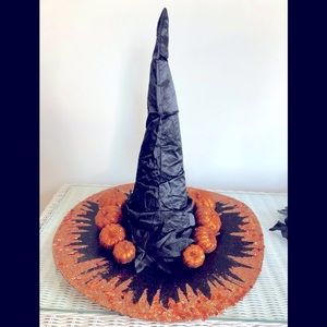 Artisan black pumpkin patch Witch hat Orange sparkles 18" high One of